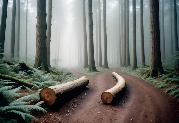 un camino de tierra con troncos y troncos en él y un tronco en el medio del bosque