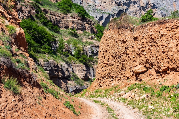 Camino de tierra en zona rocosa de montaña