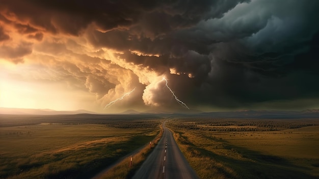 Un camino con una tormenta en el horizonte