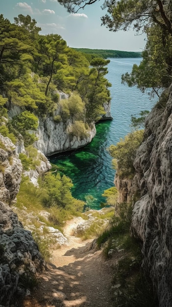 Un camino a través del agua en la gruta.