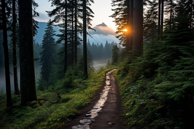 un camino a través de un bosque al amanecer