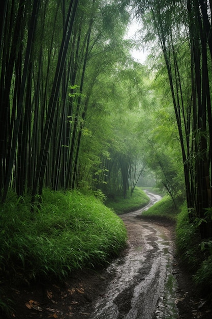 Un camino a través de un bosque de bambú con un árbol verde en el medio.