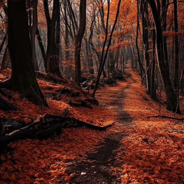 Foto un camino a través de un bosque bordeado de hojas secas de color naranja y rojo vibrante