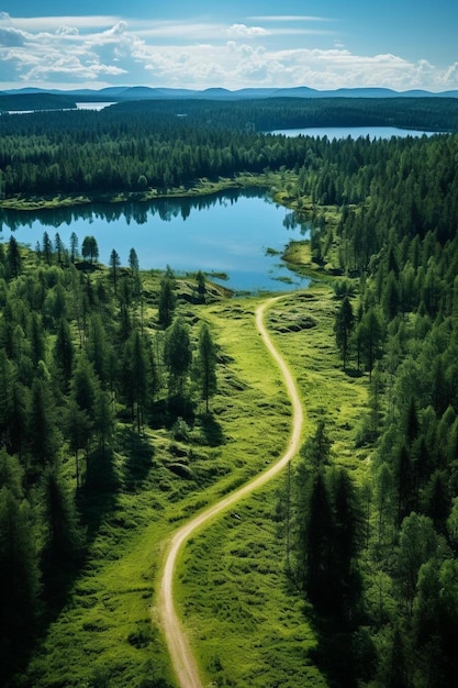 un camino a través de un bosque con un camino que tiene un lago en el fondo