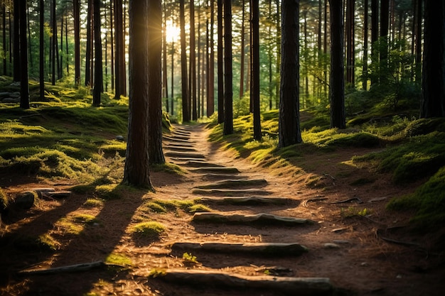 un camino a través de un bosque con escalones que conducen al sol