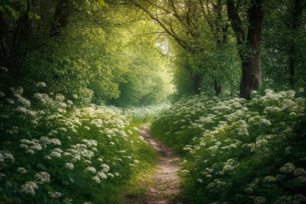 Un camino a través de un bosque con flores blancas.