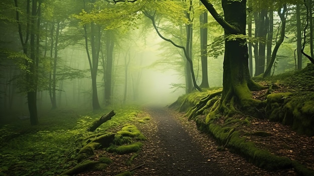 Un camino a través de un bosque con hojas verdes y un árbol en el lado izquierdo.