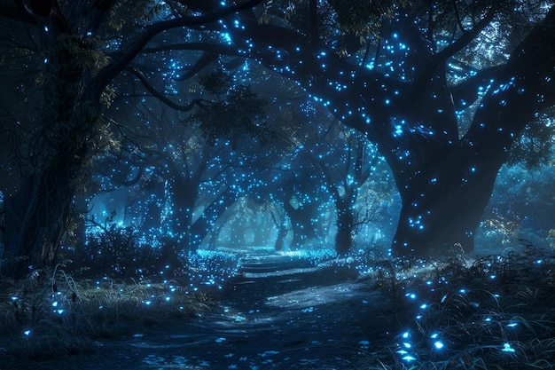 un camino a través de un bosque con luces azules