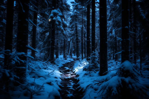 un camino a través de un bosque nevado por la noche