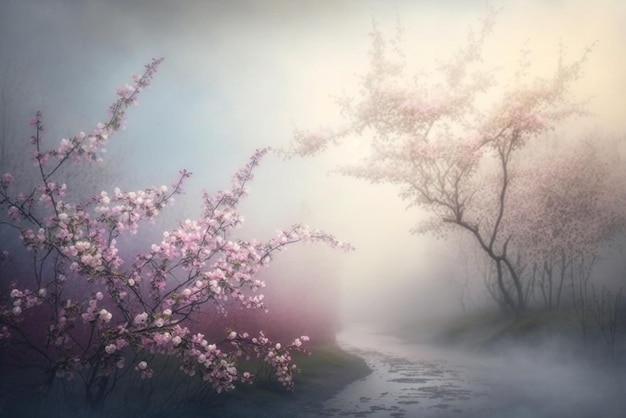 Un camino a través de un bosque de niebla con flores rosas.