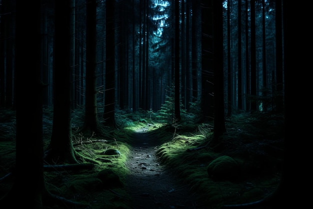 un camino a través de un bosque oscuro por la noche