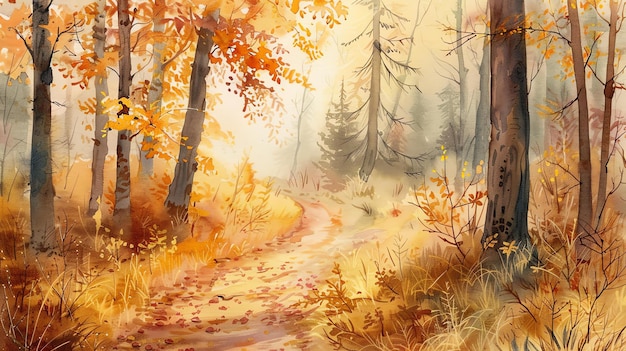 Foto el camino a través del bosque de otoño está cubierto de hojas caídas los árboles son altos y sin ramas
