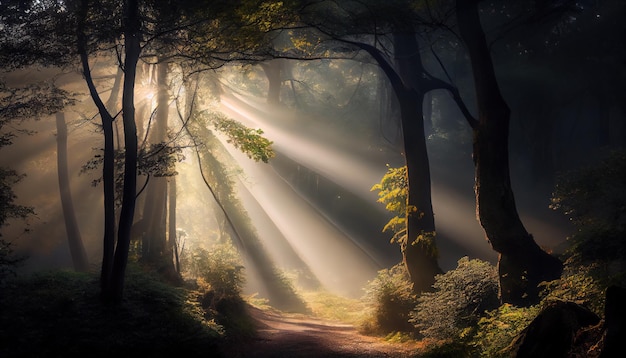 Un camino a través de un bosque con rayos de sol brillando a través de los árboles IA generativa