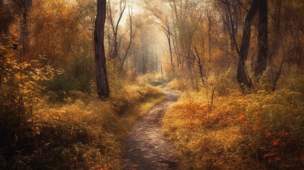 Un camino a través del bosque con el sol brillando sobre él.