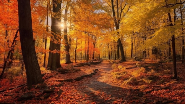 Un camino a través de un bosque con el sol brillando sobre él.