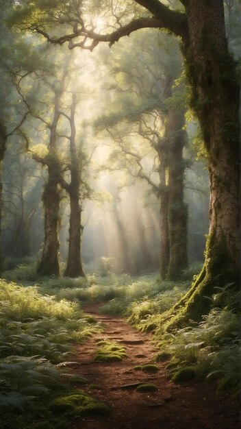 un camino a través del bosque con el sol brillando a través de los árboles