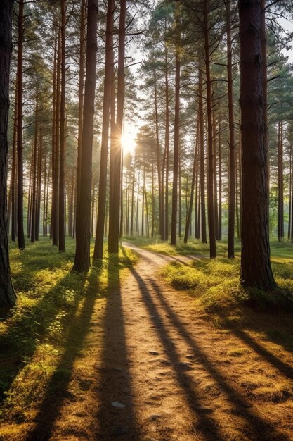 Un camino a través de un bosque con el sol brillando a través de los árboles.