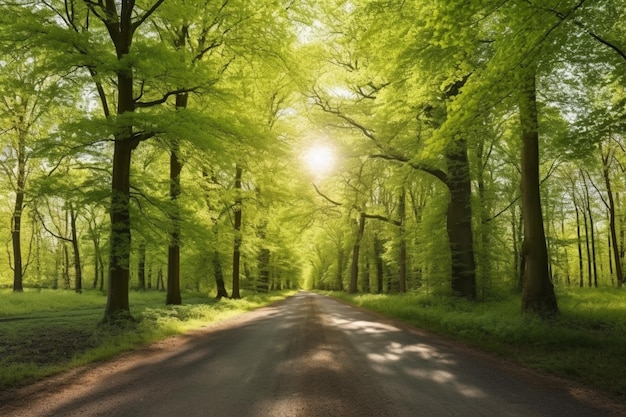 Un camino a través de un bosque con el sol brillando a través de los árboles.