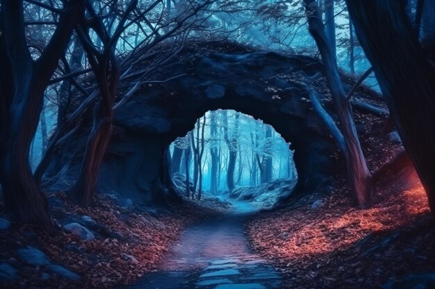 Un camino a través del bosque con un túnel en el medio.