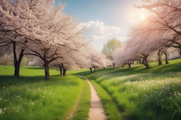 un camino a través de un campo de cerezos en flor