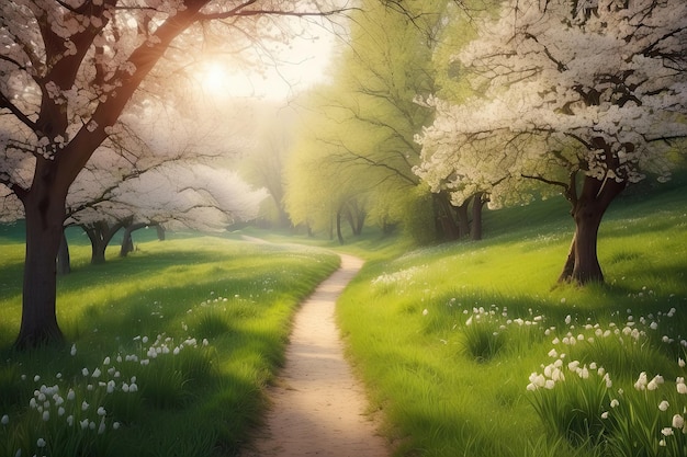 un camino a través de un campo de flores con un camino que conduce al sol