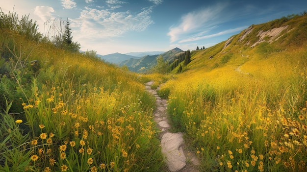 Un camino a través de un campo de flores con un cielo azul de fondo.