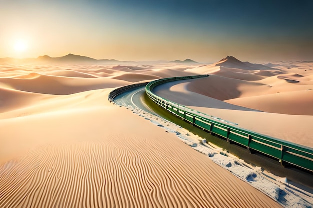 Un camino a través del desierto con un camión verde en el lado derecho.