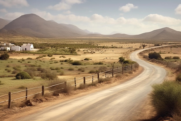 Camino a través de las dunas de arena del desierto y las montañas de Marruecos y el Sáhara con cielo azul Camino con vista a las montañas IA generativa