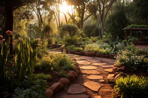 un camino a través del jardín con un camino que conduce al sol