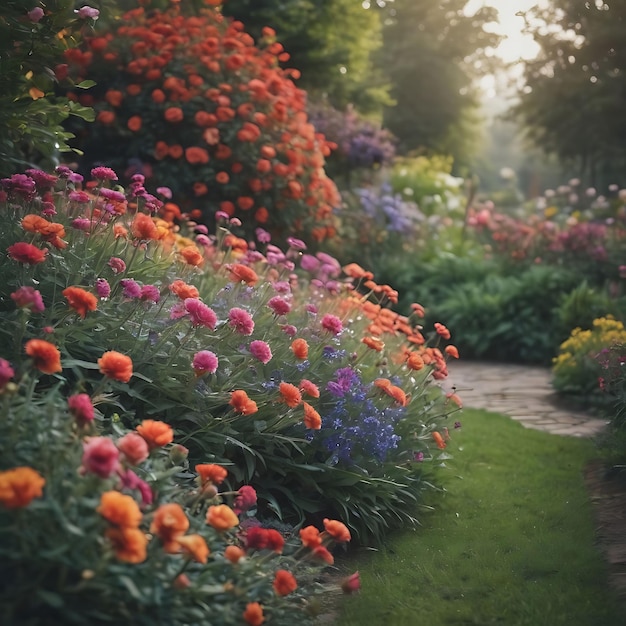 un camino a través de un jardín con un camino que conduce a un camino que tiene flores