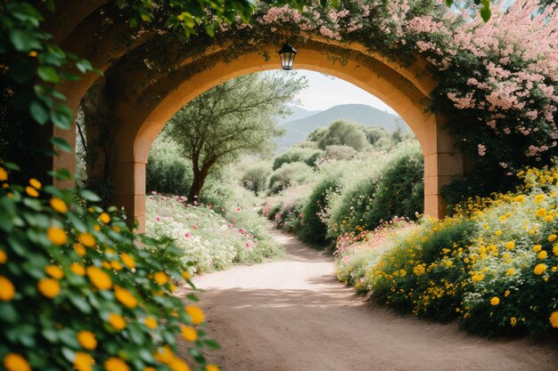 Foto un camino a través de un jardín con flores y un puente.