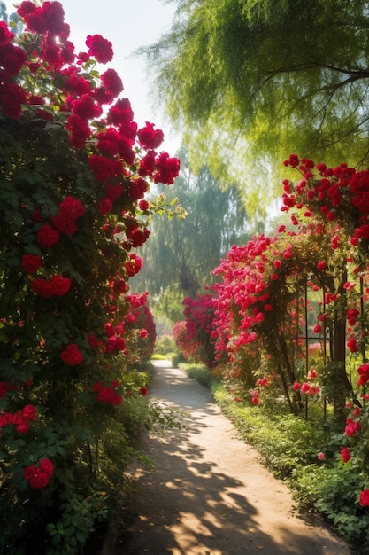 Un camino a través de un jardín con rosas