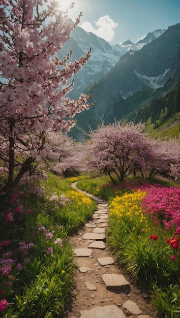 un camino a través de una montaña con flores y árboles