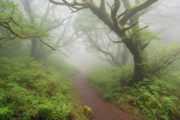 Un camino a través de la niebla con los árboles a la izquierda.
