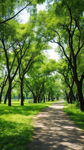 El camino a través del parque está rodeado de árboles verdes y exuberantes.