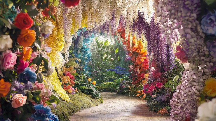 Un camino a través de un vibrante arco de flores de colores conduce a un bosque verde exuberante