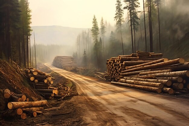 Un camino con troncos y un bosque al fondo