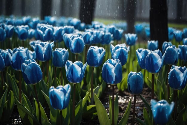 Foto el camino de los tulipanes azules a la luz del sol