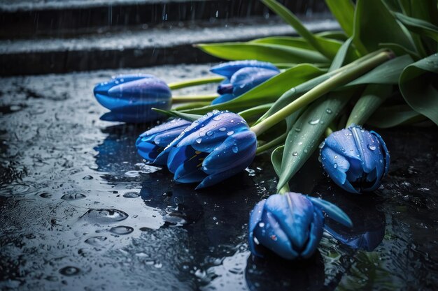 El camino de los tulipanes azules a la luz del sol