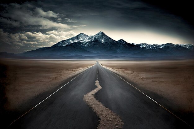 El camino vacío de asfalto más allá del horizonte conduce a montañas distantes