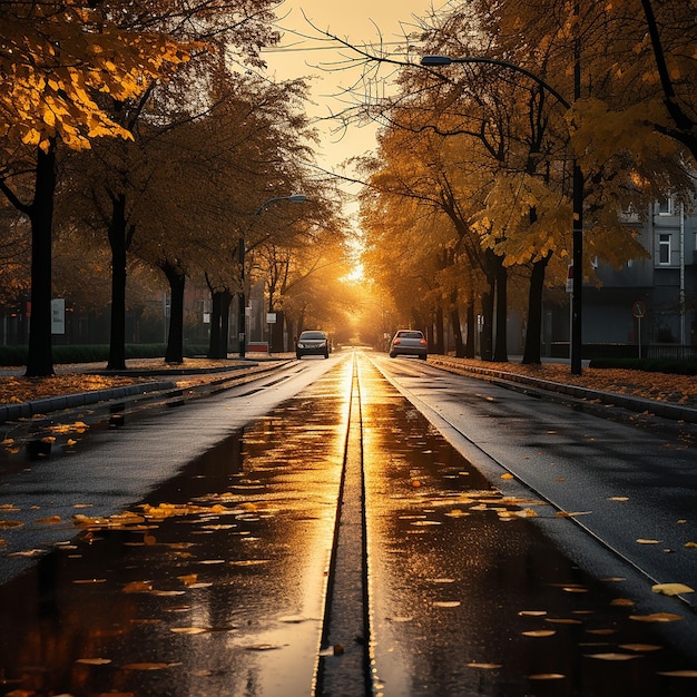 Camino vacío en la ciudad en otoño