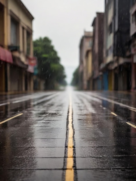 Foto camino vacío con grandes gotas de lluvia cayendo en el medio del camino