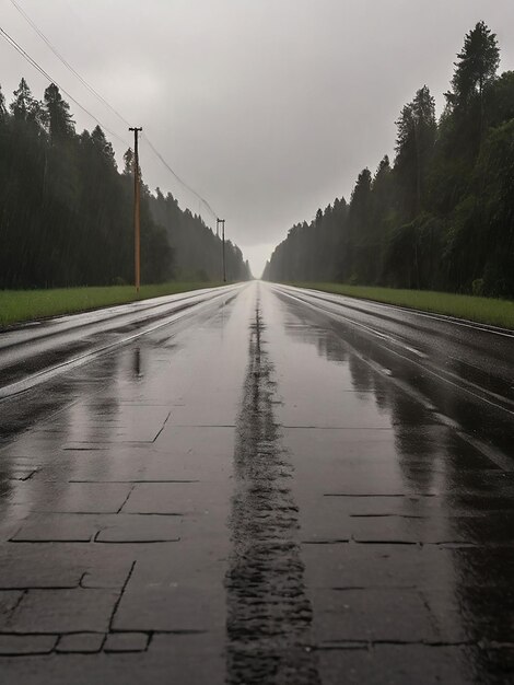 Foto camino vacío con grandes gotas de lluvia cayendo en el medio del camino