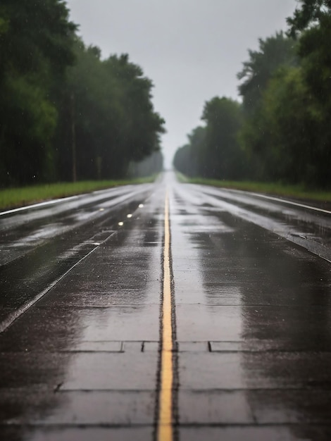 Camino vacío con grandes gotas de lluvia cayendo en el medio del camino