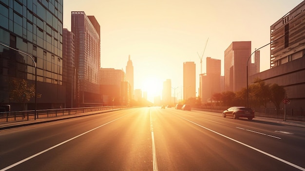 Camino vacío que conduce a la puesta de sol en una gran calle de la ciudad con rascacielos generados por ai