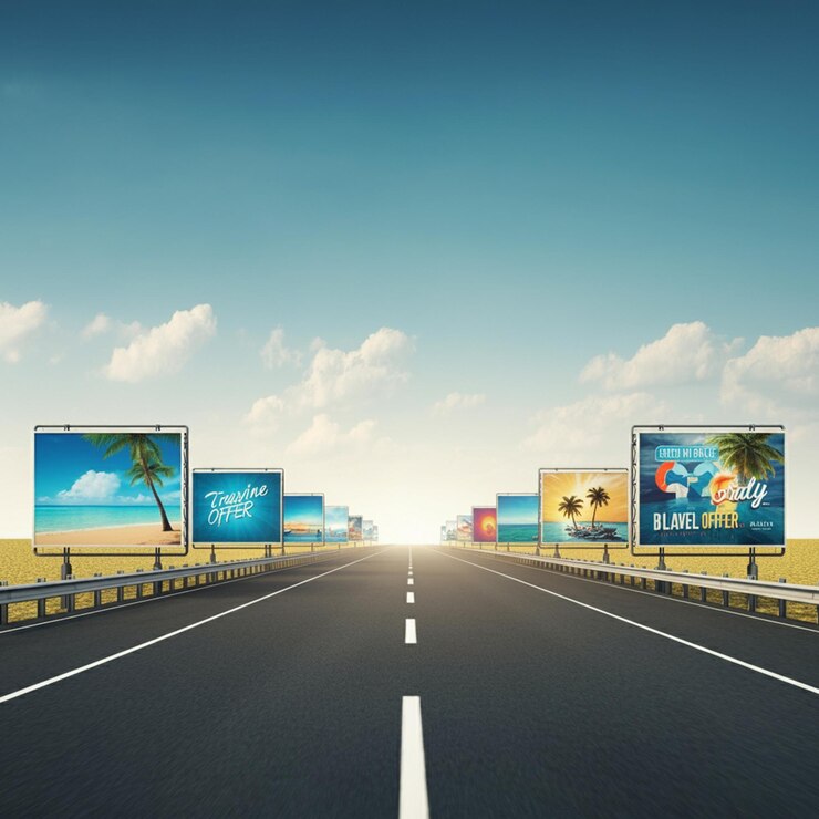 un camino con vallas publicitarias que dicen el mundo en el lado