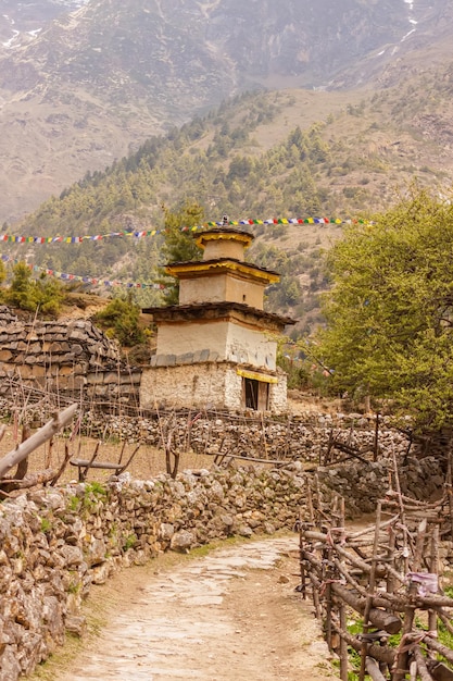 Camino con vallas rocosas hasta la estupa y más adelante en el camino del Himalaya