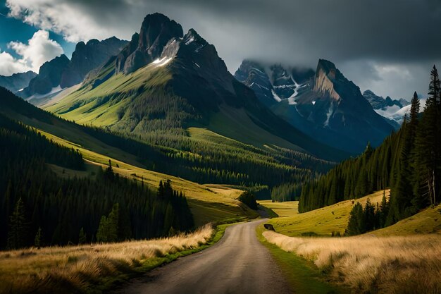 un camino en un valle verde con un camino en el fondo.