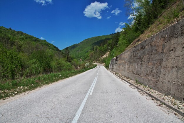 El camino en las verdes montañas de Bosnia y Herzegovina