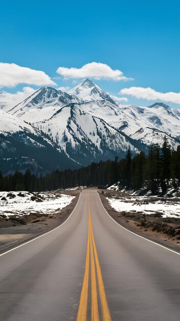 El camino del viaje escénico conduce hacia la majestuosa vista de la montaña nevada Vertical Mobile Wallpaper